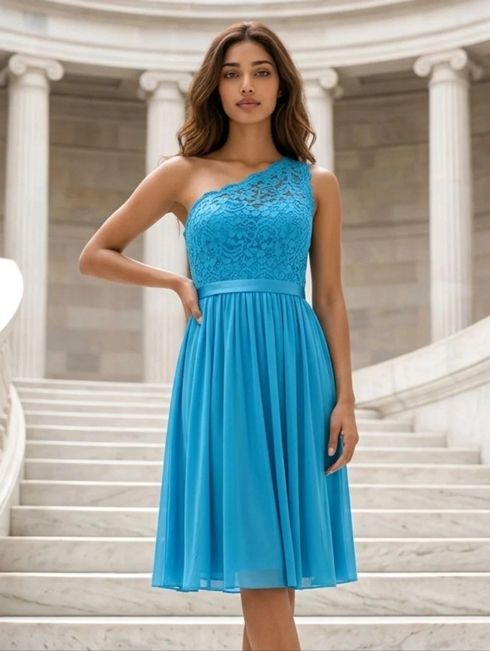 David's Bridal Marine Blue One Shoulder Lace Homecoming Dress Fit Flare Formal 8